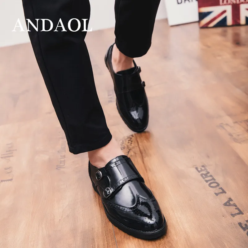 ANDAOL Men's Leather Casual Shoes New Double Belt Buckle Bright Breathable Oxfords Luxury Business Office Slip-On | Обувь