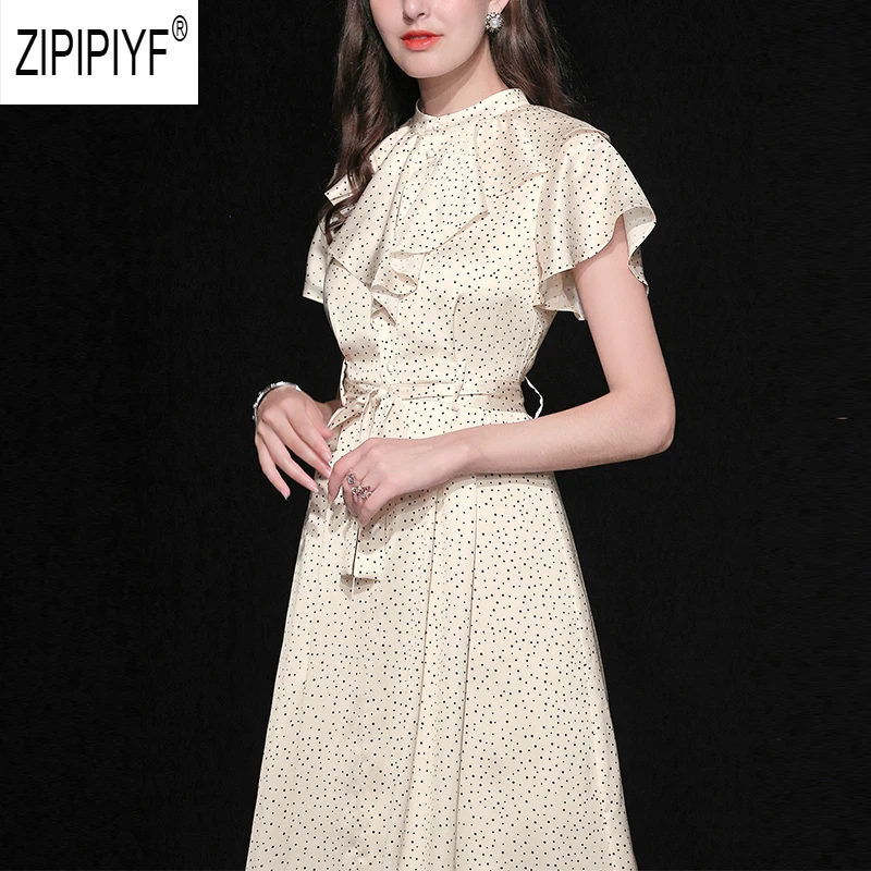 Женские Модные платья с принтом в горошек воротником стойкой и коротким рукавом