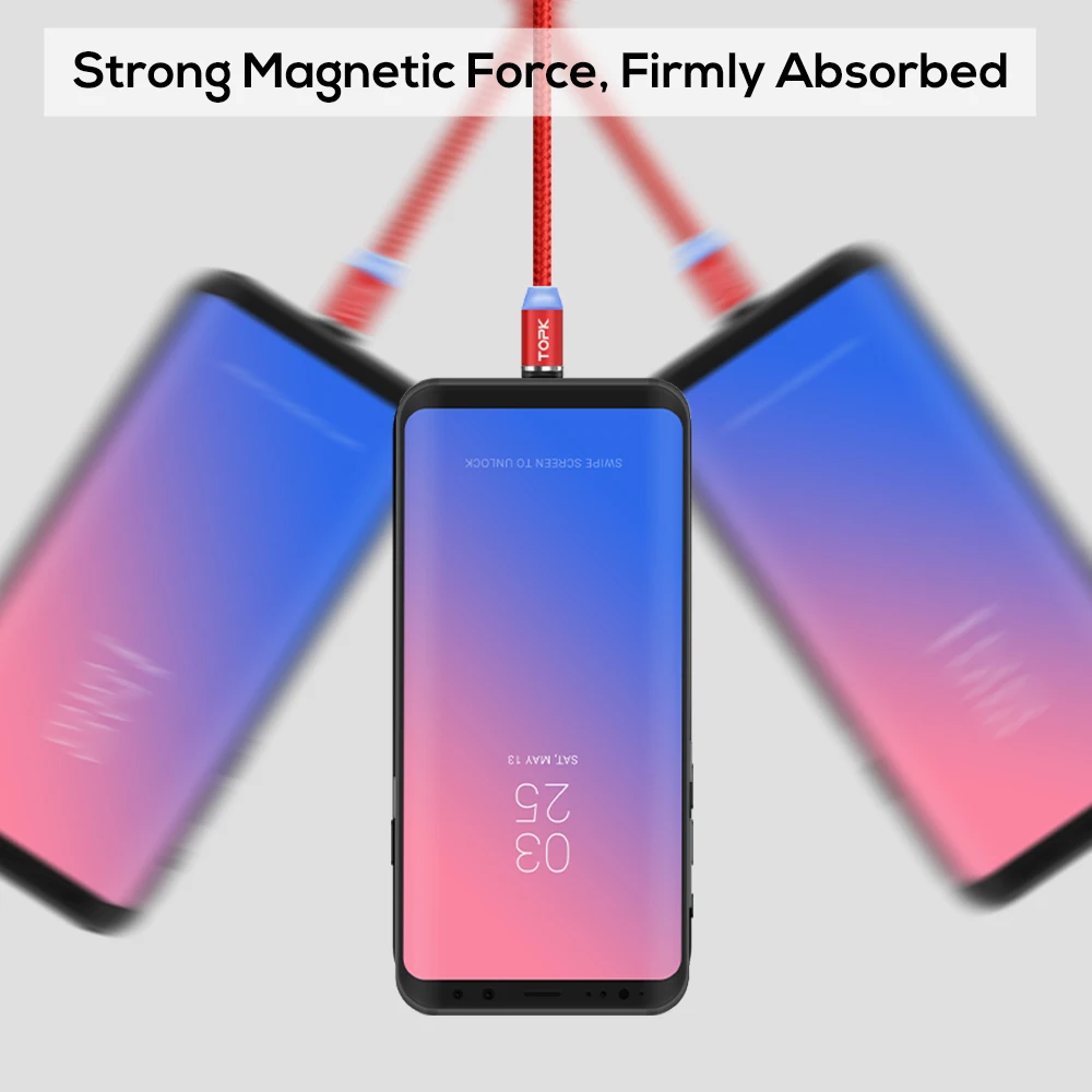 Светодиодный магнитный кабель TOPK 2 го поколения для iPhone X 8 7 6 usb type C и Micro USB быстрой