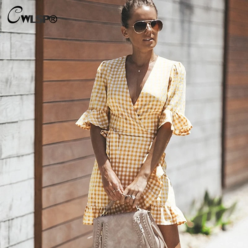 Женское Хлопковое платье мини CWLSP оранжевое клетчатое асимметричное с рукавом до