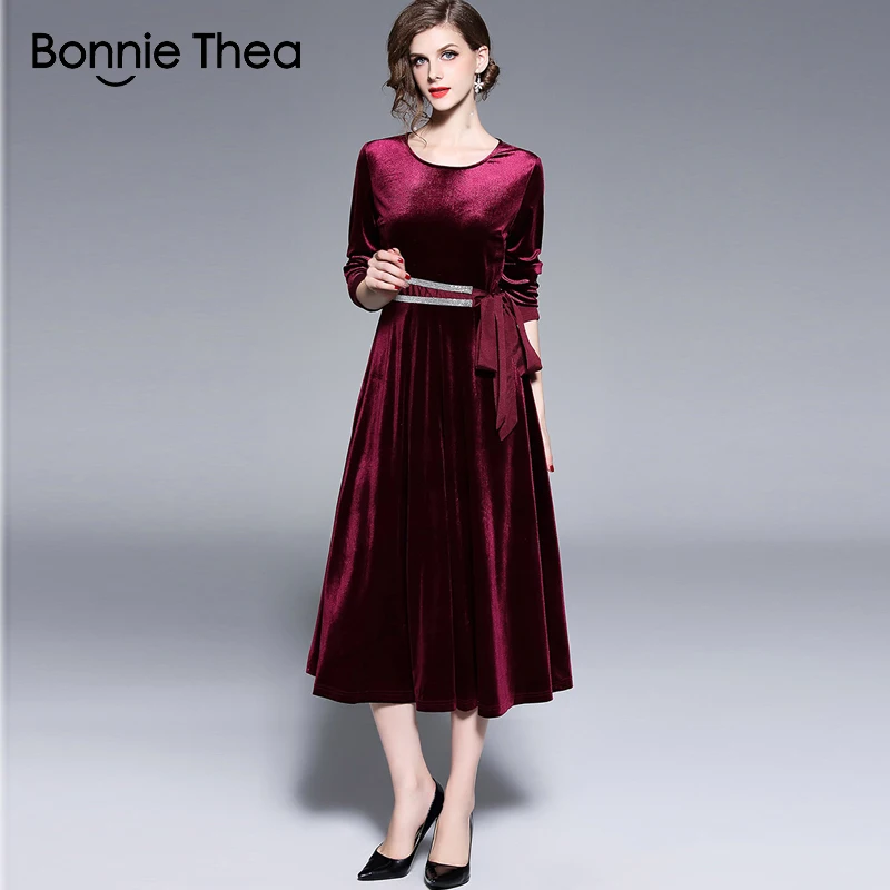 Bonnie Thea женское красное бархатное вечернее платье для вечеринки осеннее