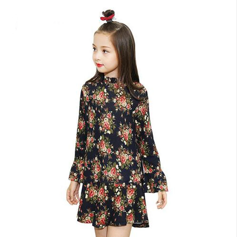 2017 Autumn Kids Flower Printed Long Sleeves Clothes Children Elegant Party Wedding Princess Dresses Girls Preppy School Wear | Детская