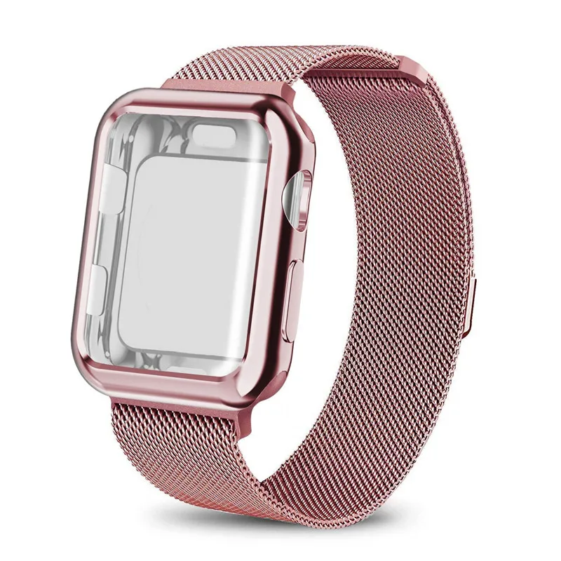 pink with case Красочные ремешок для часов, Миланская петля, ремешок для Apple Watch серии 3/2/1 38 мм 42 мм Нержавеющая сталь кабель-браслет на запястье для наручных часов iwatch, ремешок с ТПУ чехол - Цвет ремешка: pink with case