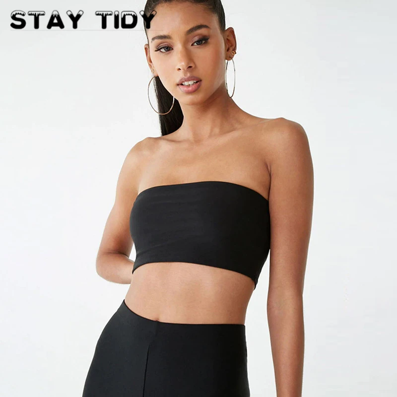 STAY TIDY Sexy Solid Strapless Tube Top And High Waist Shorts 2 Piece Set Summer Women Fashion Sporting Workout Stretchy Suit | Женская