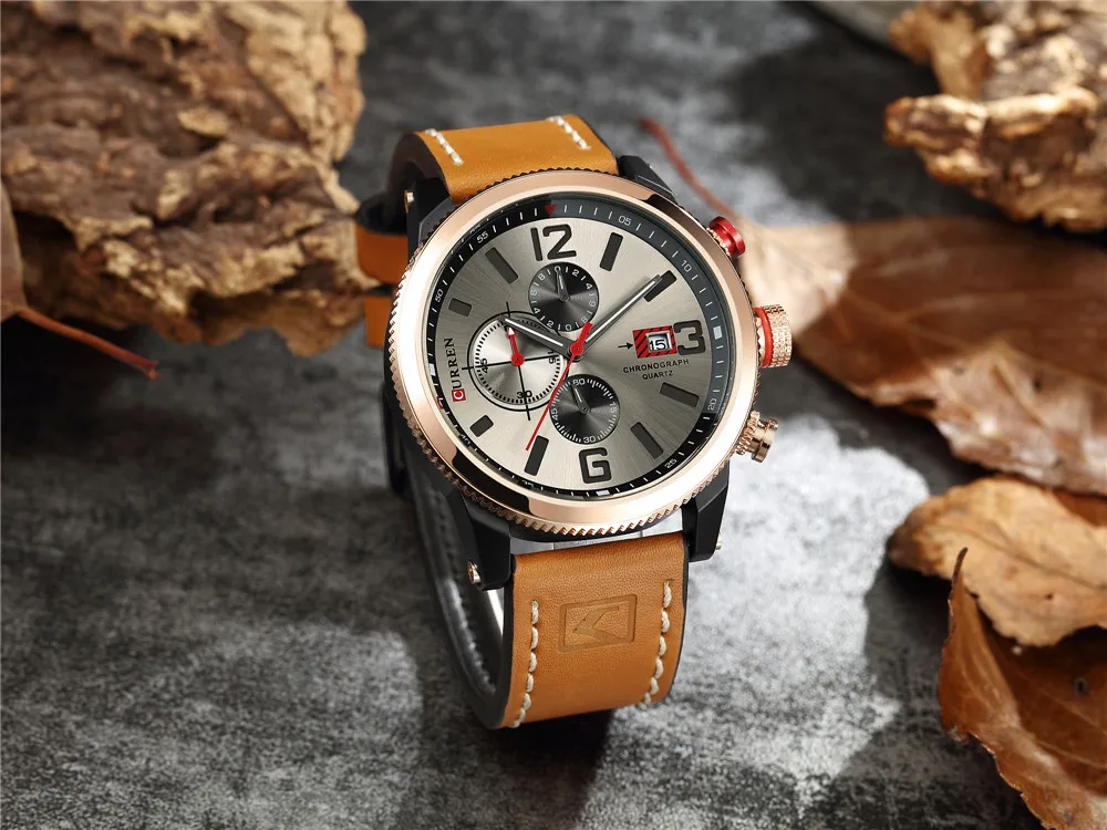 CURREN 8281, мужские часы, водонепроницаемые, Лидирующий бренд, Роскошные, с хронографом, с датой, модные, повседневные, из натуральной кожи, спортивные, военные, мужские часы