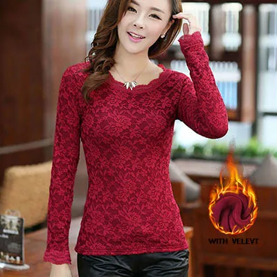 red with velvet Сексуальная белая кружевная блузка, рубашка, женские топы, Элегантные зимние теплые флисовые блузки, летние топы, женская блузка с длинным рукавом, блузы, плюс размер - Цвет: red with velvet