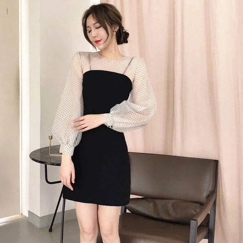 Винтаж в горошек с пышными рукавами длинным рукавом посылка бедра платье летняя