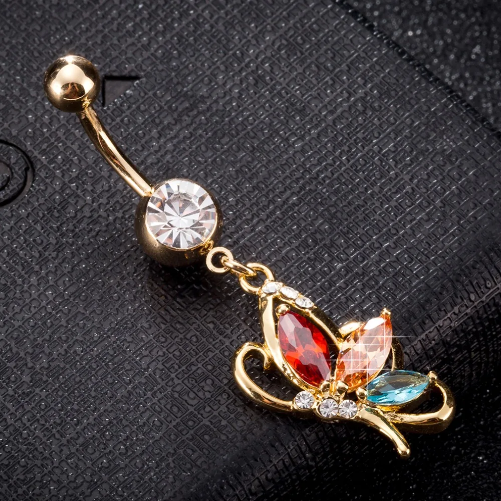 Cute butterfly Zircon chain gold color Navel Piercing Rings Belly Button Rings Surgical Steel Rhinestone Body Jewelry