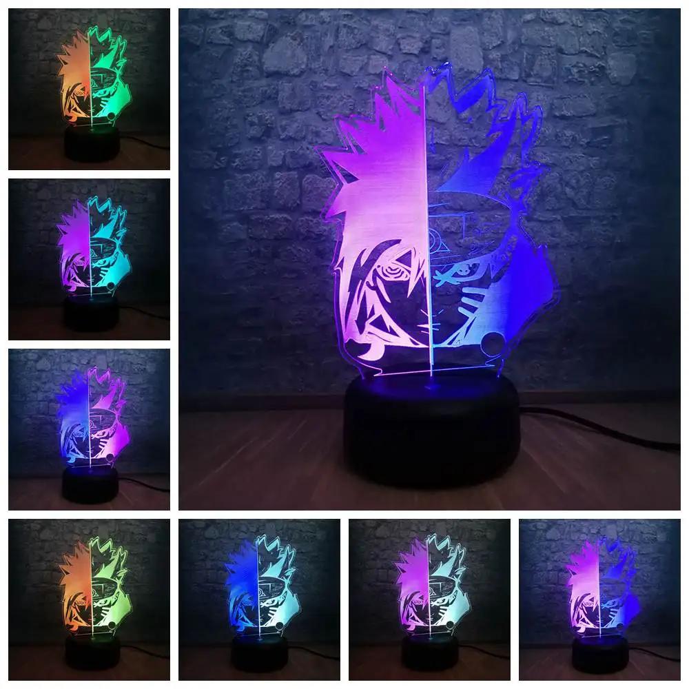 7 смешанных двухцветных фигурок Наруто Sasuke Kakashi 3D светодиодный ночник Lihgt с