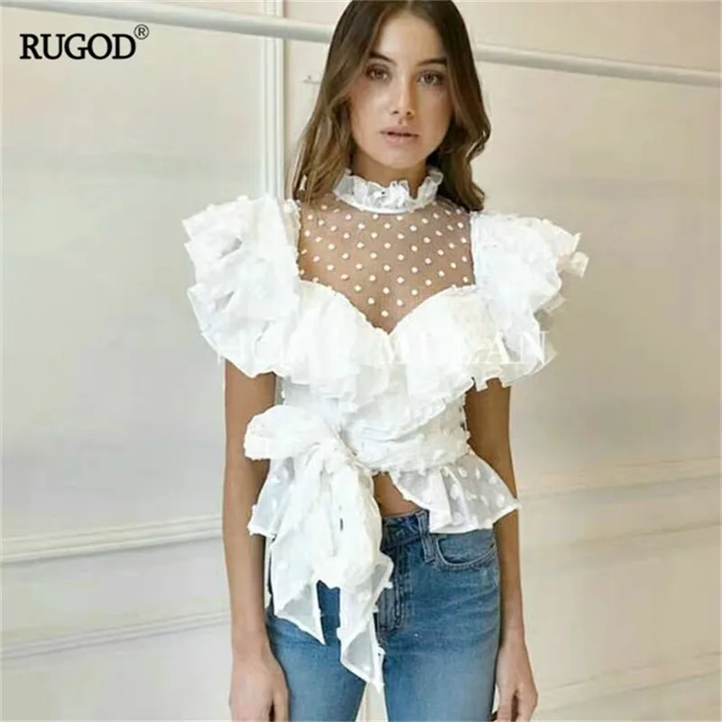 Женский укороченный топ RUGOD Элегантная блузка с коротким рукавом и рюшами