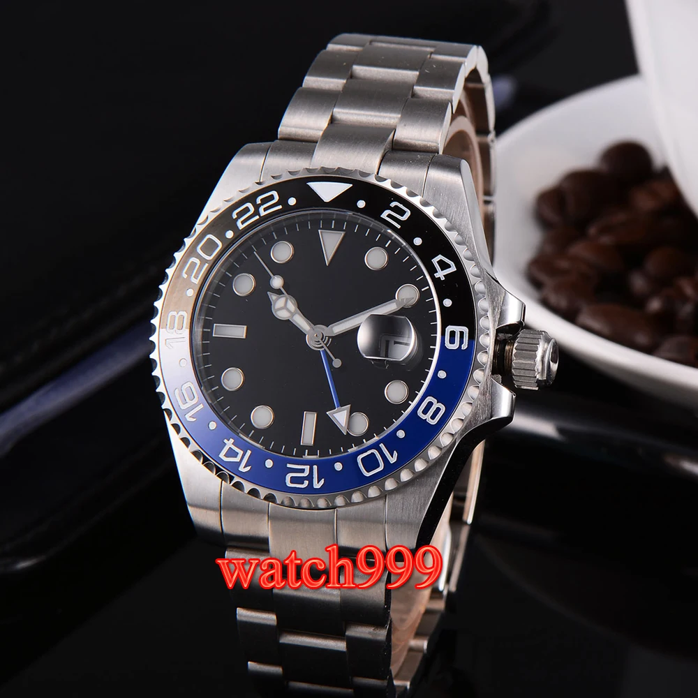 43 мм стальной браслет механические часы черный стерильный циферблат