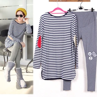 Одежда для беременных полосатая рубашка + леггинсы брюки футболка с длинными