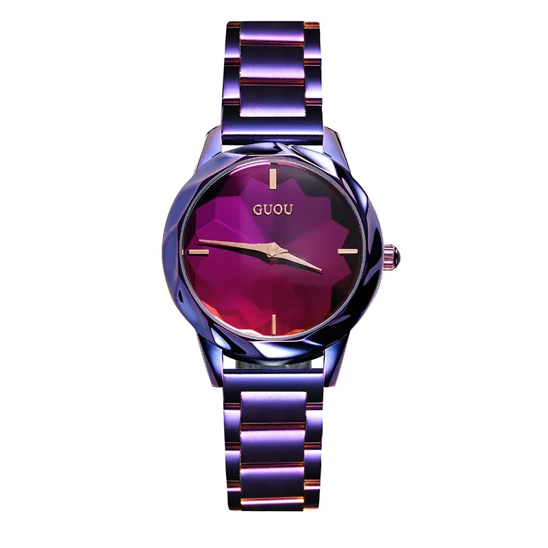 Модные Роскошные Часы GUOU Reloj Mujer розовые и цвета фиолетовый$ черные женские кварцевые часы из нержавеющей стали - Цвет: Фиолетовый