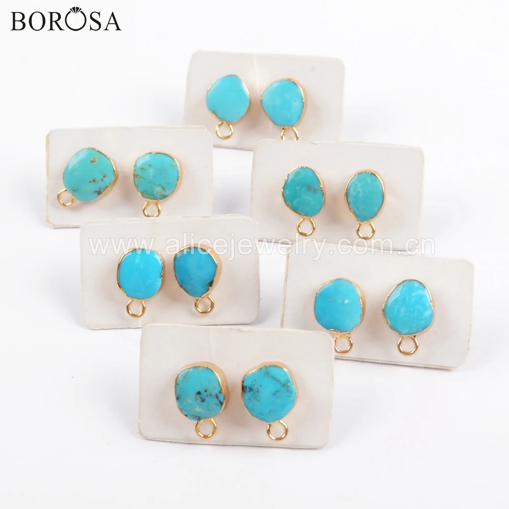 Серьги пусеты BOROSA 5/10 пар позолоченные натуральная бирюза с подвеской