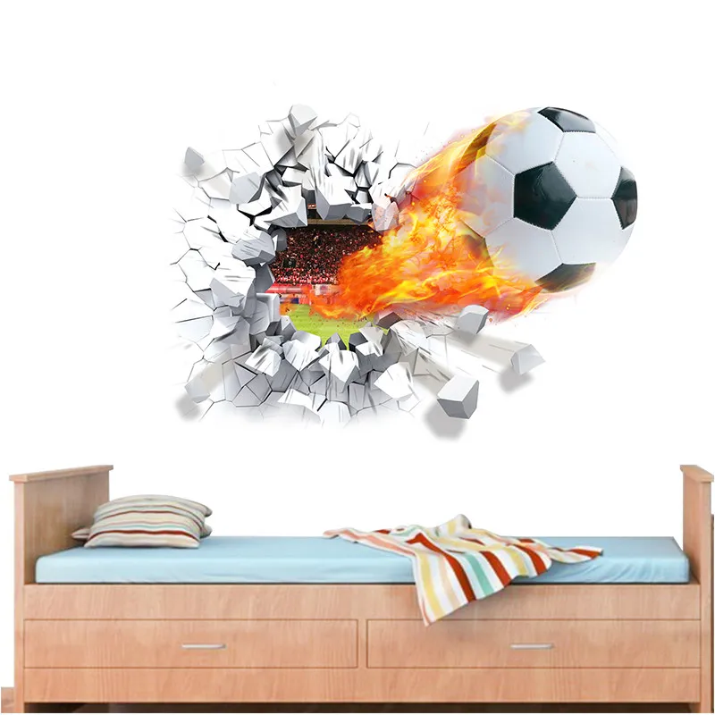

Football Soccer ball through the wall stickers TV background Removable living room bedroom wall decals boys room decoration