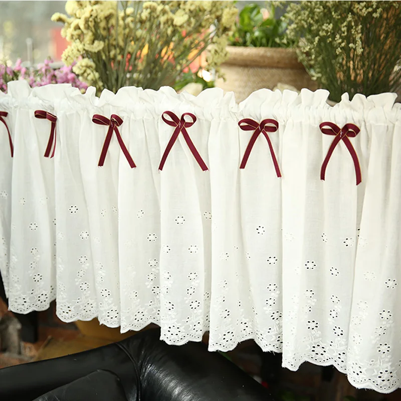 

Rural Cotton Hollow floral Embroidery Bowknot Yarn Beautiful Coffee Short Kitchen Curtains for Living Room Bedroom Drapes