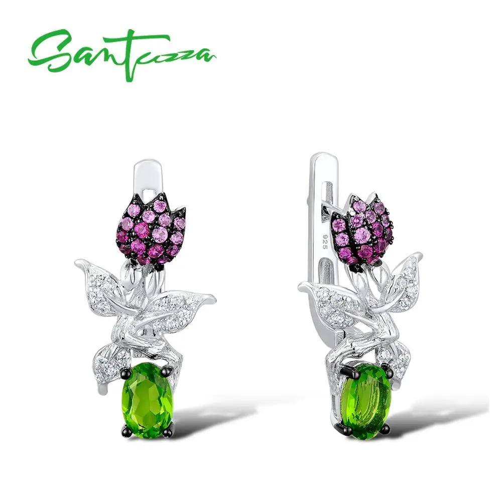 SANTUZZA, серебряные серьги для женщин, чистый 925 пробы, серебряные, шикарные, милые, цветочные серьги, волшебный зеленый кристалл, модное ювелирное изделие