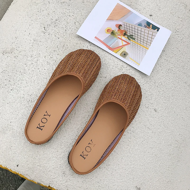 Летние женские тапочки из тростника Обувь для улицы Шлепанцы на плоской подошве