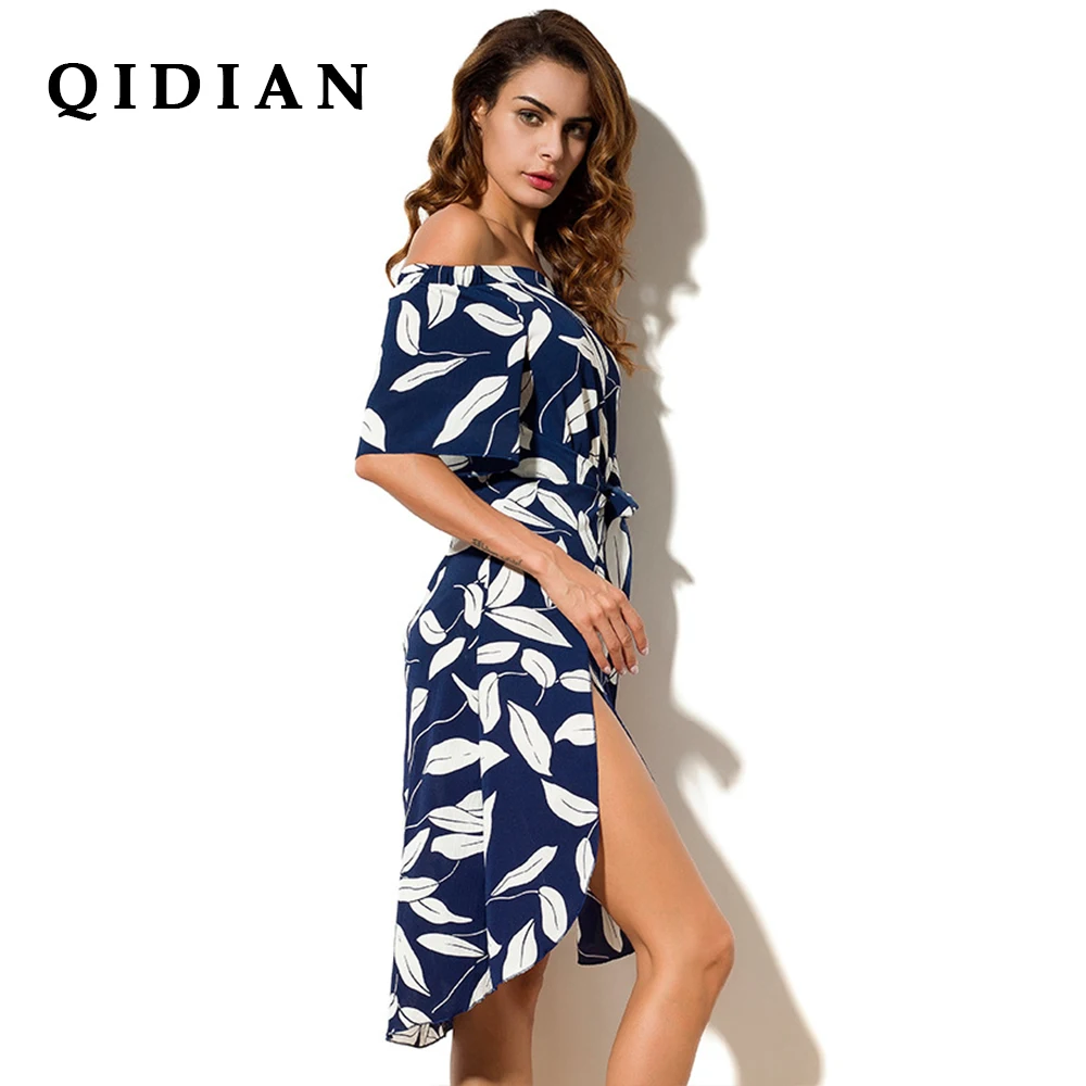 QI DIAN Fashion Floral Print Sexy Party Evening One Word Collar Dress Women Slim Summer Sundress Beach Dresses Y-08 | Женская одежда
