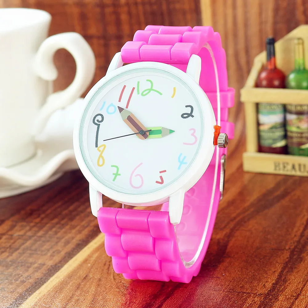 Silicone Candy Color Student Quartz Watch Girls Clock Fashion Pencil Pointer Wristwatches Children Cartoon Kids Gift Watches