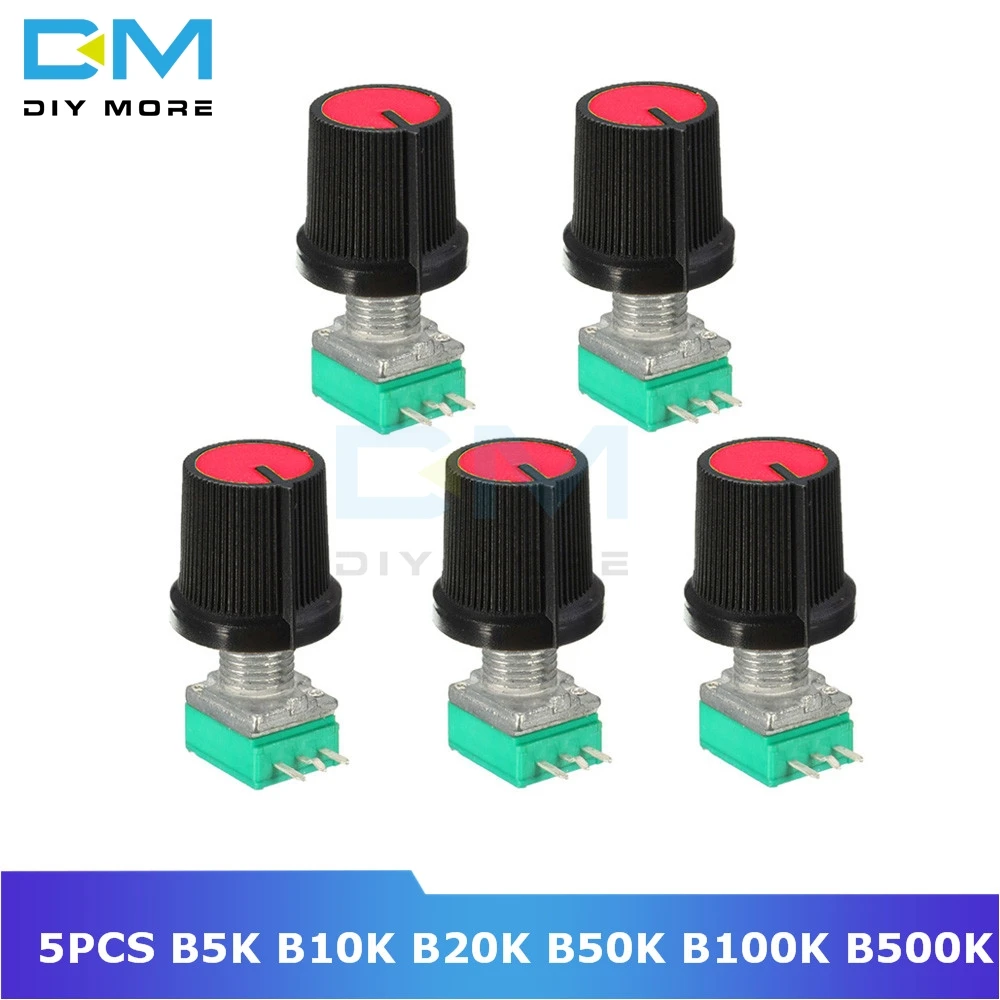 

5PCS 6mm 3 pin Knurled Shaft Single Linear B Type B5K B10K B20K B50K B100K B500K ohm Rotary Potentiometer Knob Cap Red