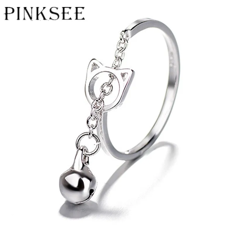 

PINKSEE Simple Unique Silver Color Hollow Cat Head Finger Rings with Bell Pendant Chain Jewelry for Women Finger Decoration