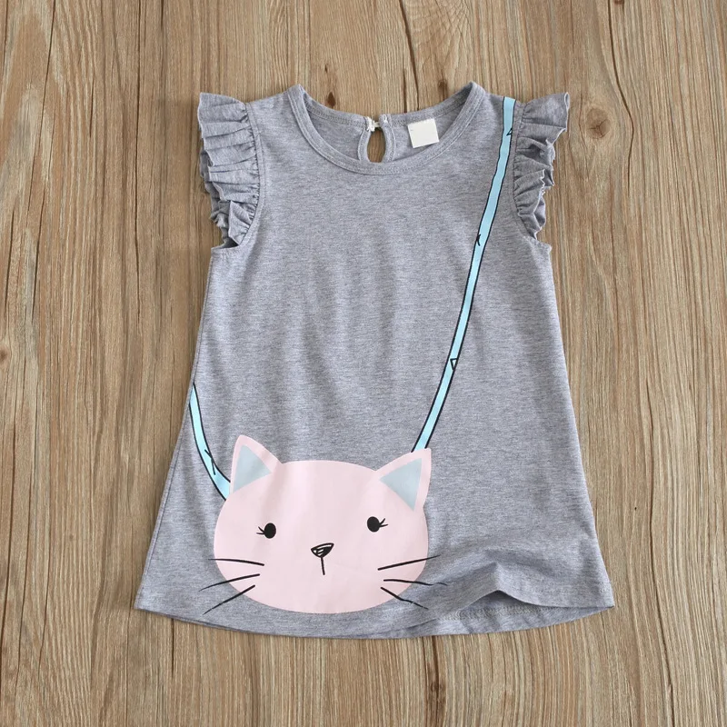 Summer children's wear wholesale girls cartoon big face cat backpack printed dress small flying sleeves cotton | Детская одежда и