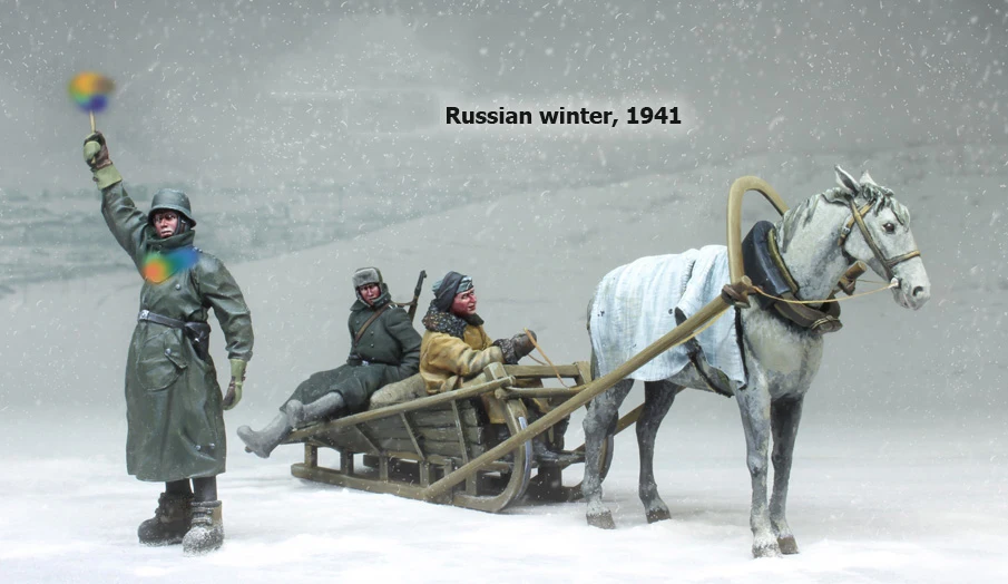 Разобранная модель 1/35 года на русском зиму 1941 включает в себя (3 солдата лошадь