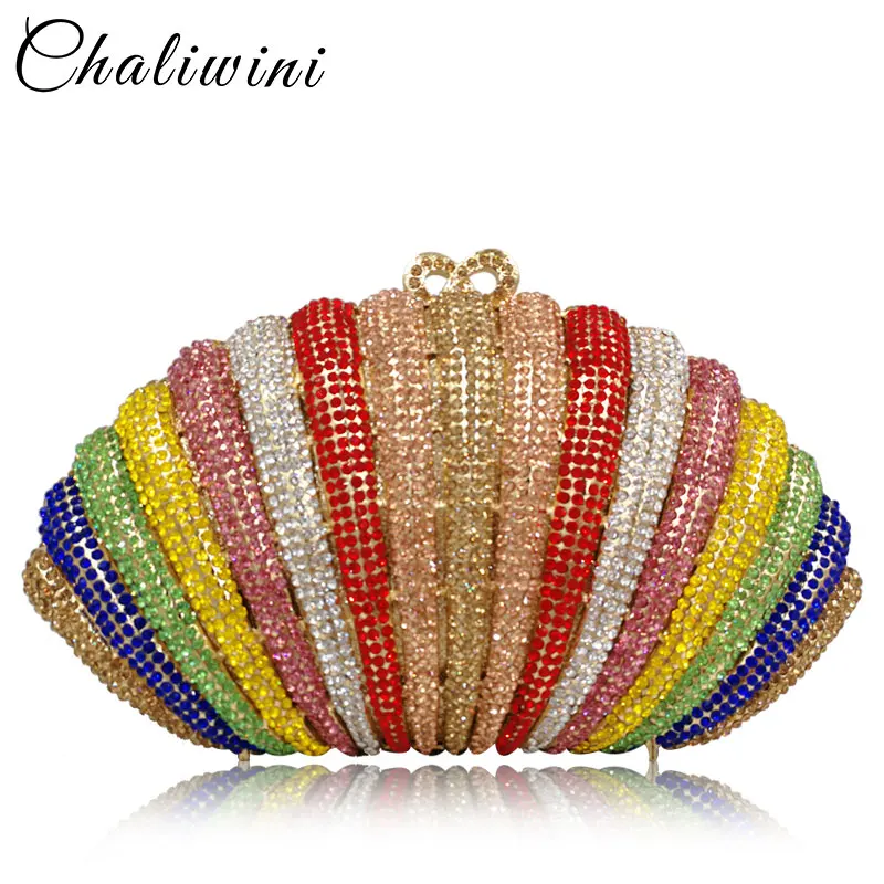 Chaliwin Have  In Stock Rainbow Rhinestone Women Crystal Evening Clutches Bags Minaudiere Handbags Wedding Clutch Brides Purse