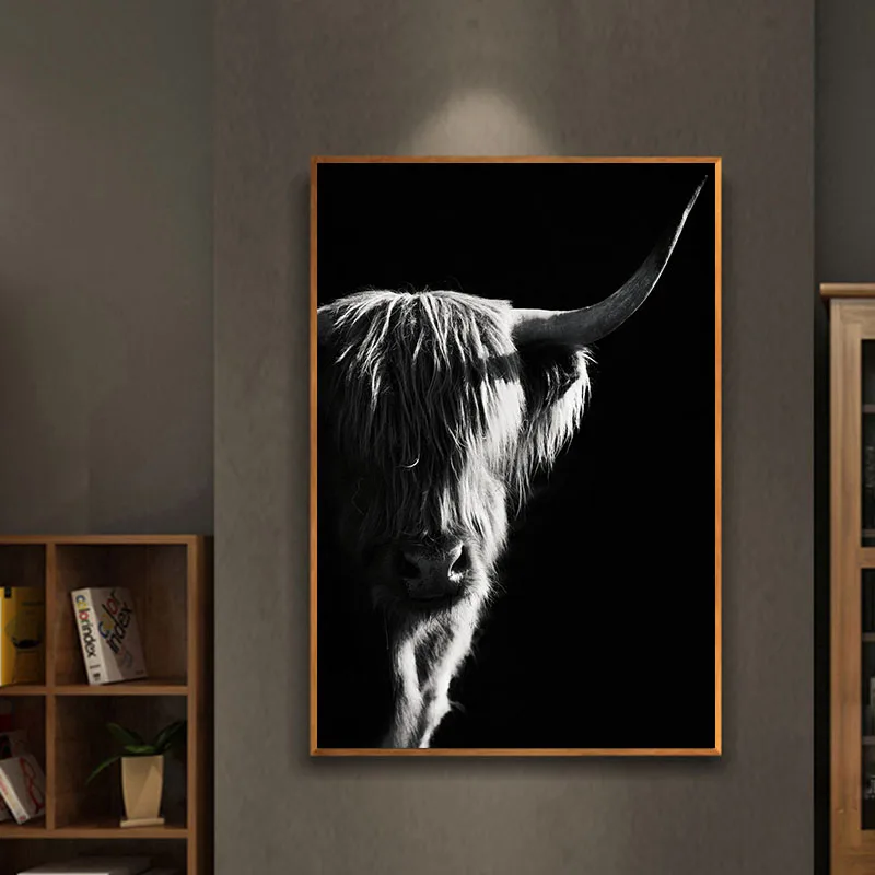 

Minimalist Animal Cow Wall Art Misty Forest Canvas Painting Black White Pictures for Living Room Landscape Posters and Prints