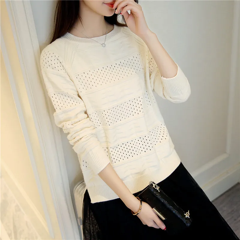 2019 Spring Autumn Korean Style New Women Clothing Loose Slim Solid Color Sweate Long Sleeve Hollowed Out Knitted Sweater QH436 | Женская