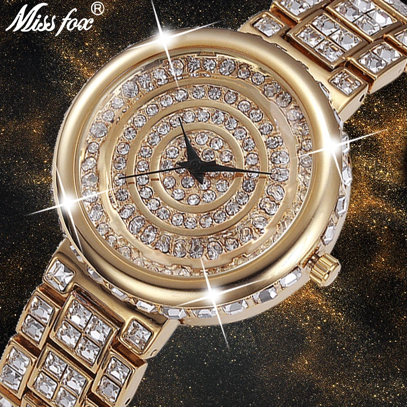 MISSFOX Super Shiny  Quartz Watch Women Round Gold Plated Black Analog China Watches Rhinestone Ouro Shockproof Waterproof Watch