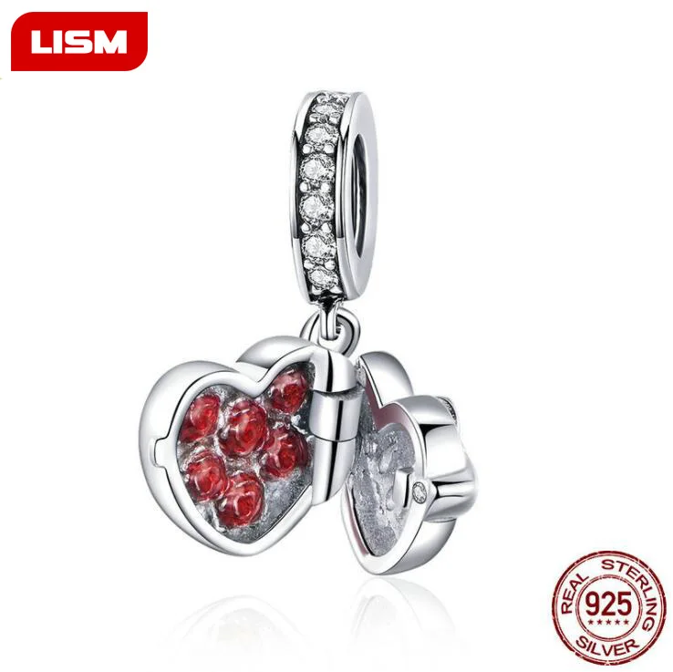 Fit Pandora браслет 925 серебро красный цирконовое сердце открытый Подарочная коробка Подвески для влюбленных кулон бусины DIY