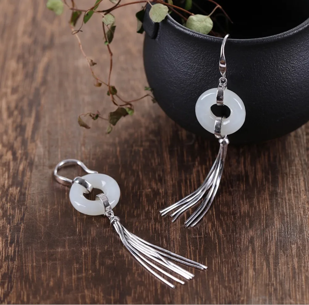 S925 Sterling Silver Hetianbaiyu Female Ear Ornaments Restore Style Peace Buckle Tassel High-end Temperament Free | Украшения и
