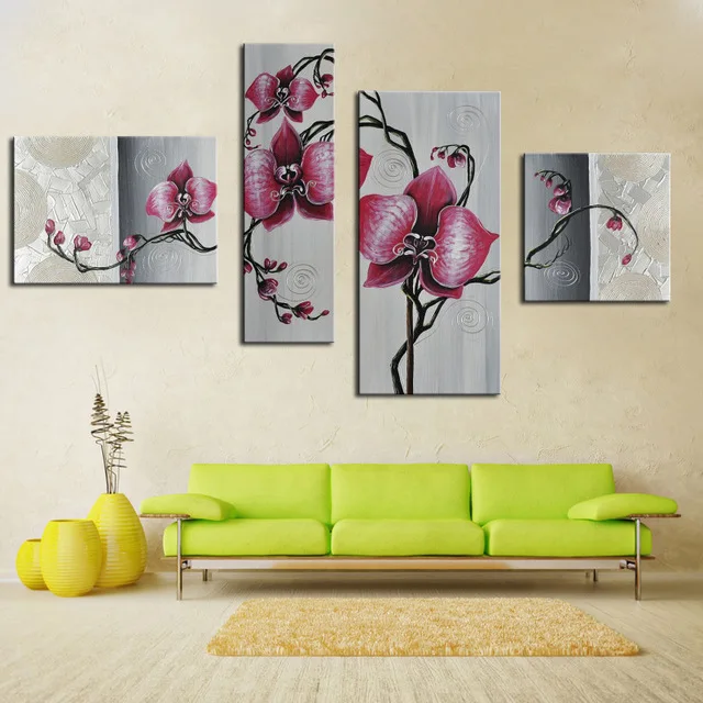 Изысканная картина маслом ручной работы Группа Красивая 4 панели красный цветок