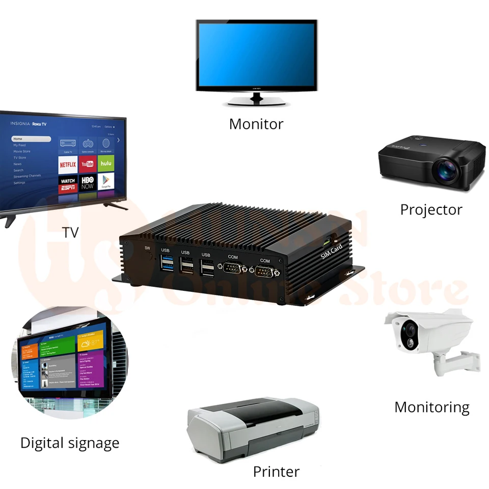 Безвентиляторный промышленный ПК, мини компьютеры, IPC, Windows 10, Intel J1900, [HUNSN MA19B],(VGA/HDMI/2LAN/2RS232 RS422 RS485/2USB3. 0/4USB2. 0