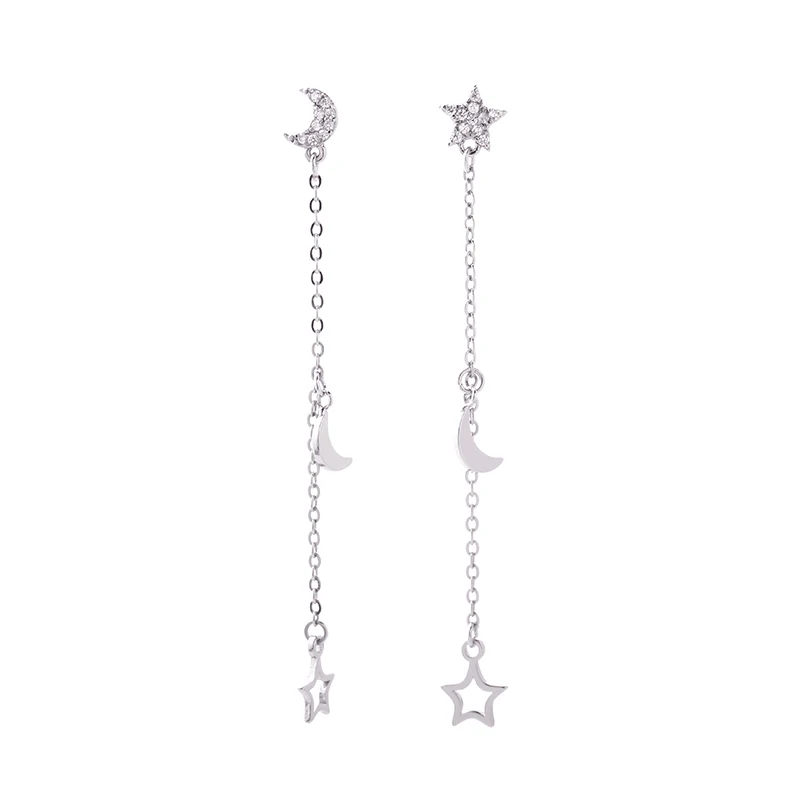 Родий цвет блестящие звезды и луна длинные роскошные серьги циркон Висячие для