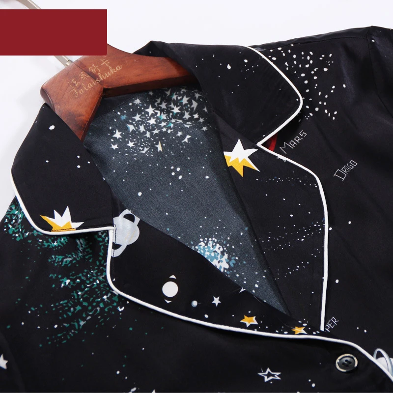 Elegance starry sky 100% natural silk pajamas sets women Fashion black long sleeve nightwear genuine silk noble pyjamas women