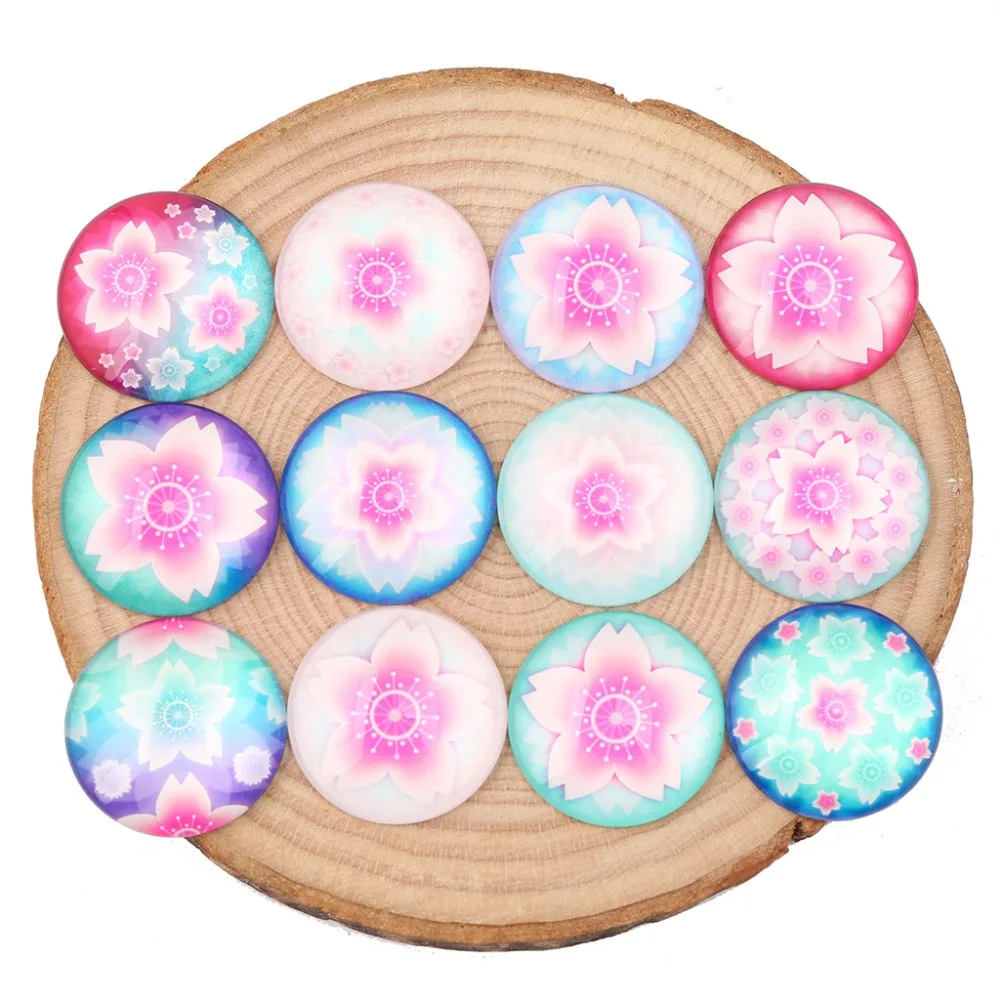 SHUKAKI 50 шт. стеклянные кабошоны с разными рисунками, диаметром 12 мм и 16 мм, для создания украшений.