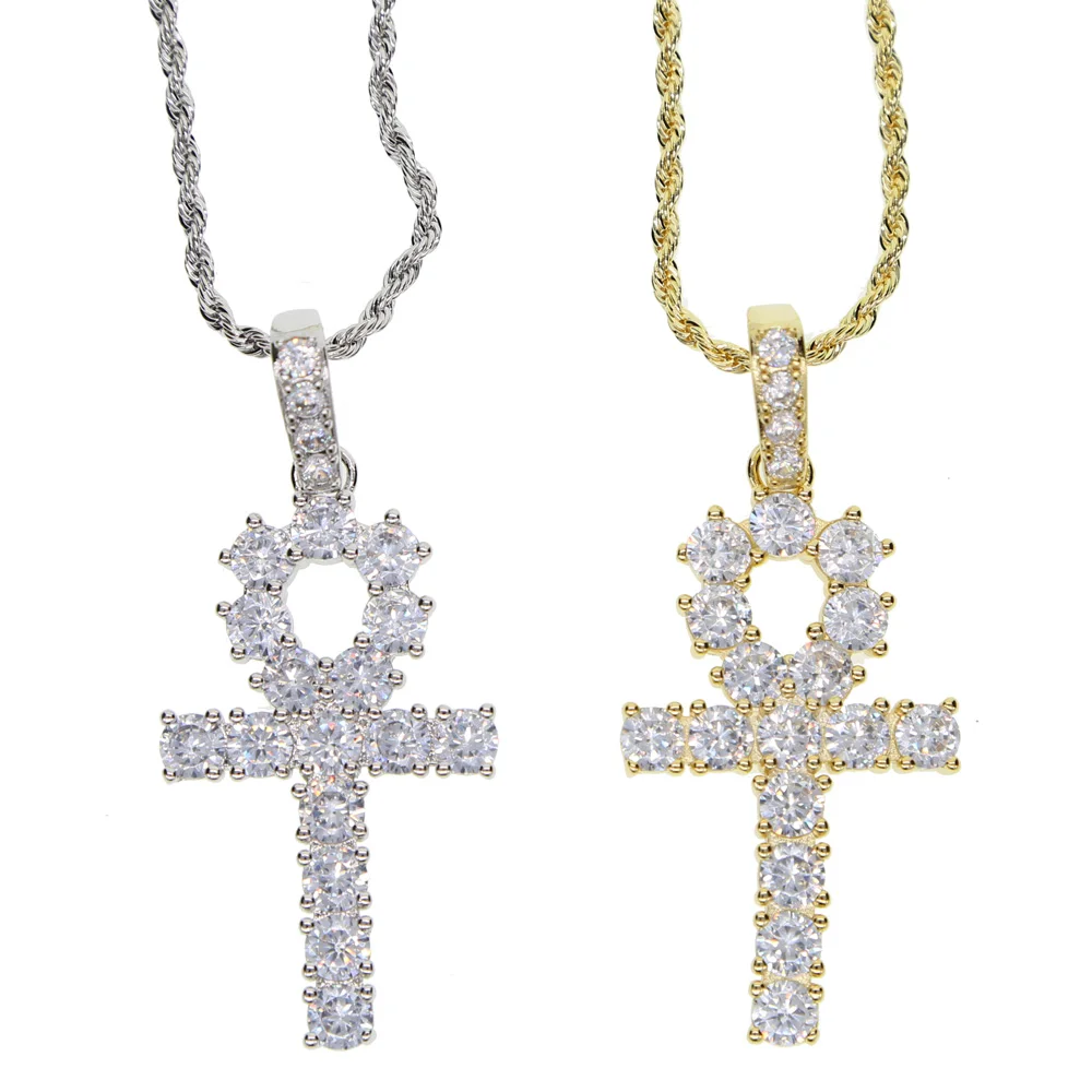 Серебряный цвет bling ювелирные изделия Хип-хоп Египетский Анкх ключ жизни крест кулон ожерелье s кубический цирконий длинное ожерелье