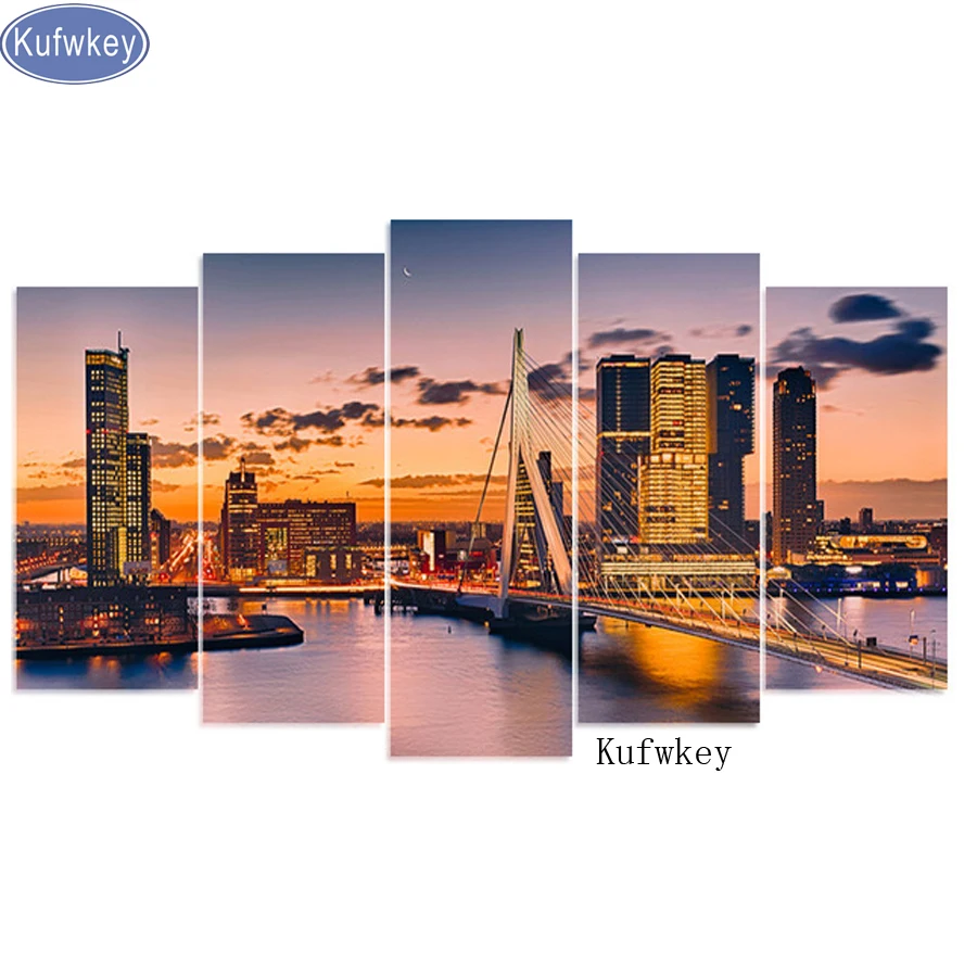 

Diamond embroidery Rotterdam/bridge/landscape/sunrise 5pcs diamond painting Cross Stitch full square Rhinestone mosaic decor