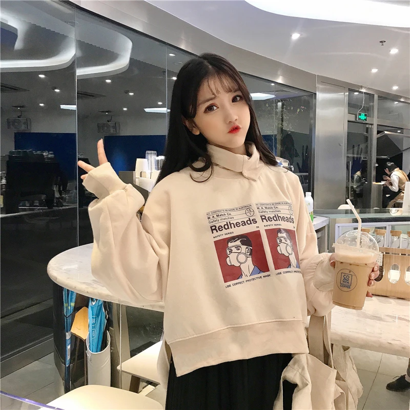 Для женщин Толстовка Harajuku корейский новый осень и зима с высоким воротом из флиса