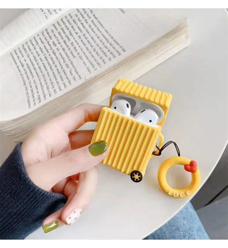 yellow Square trunk Модный милый чемодан сундук чемодан чехол для Apple Airpods 1 2 Наушники защитный чехол с кольцом на палец - Цвет: yellow Square trunk