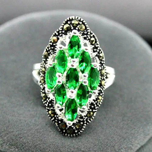 Кольцо из стерлингового серебра 925 пробы с зелеными драгоценными камнями Размер