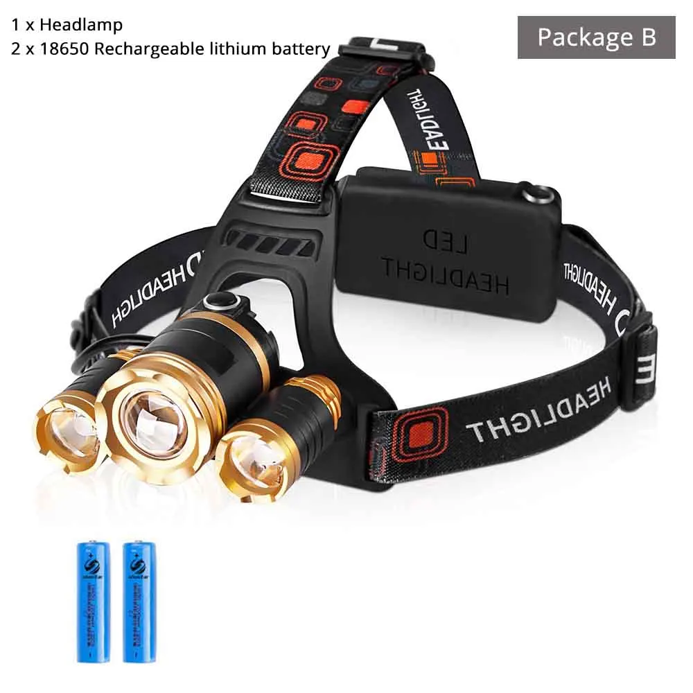 Package B Супер яркий светодиодный налобный фонарь 3 X T6 светодиодный фонарь с бусинами водонепроницаемый налобный фонарь Масштабируемая лампа для наружного освещения 2x18650 батареи - Испускаемый цвет: Package B