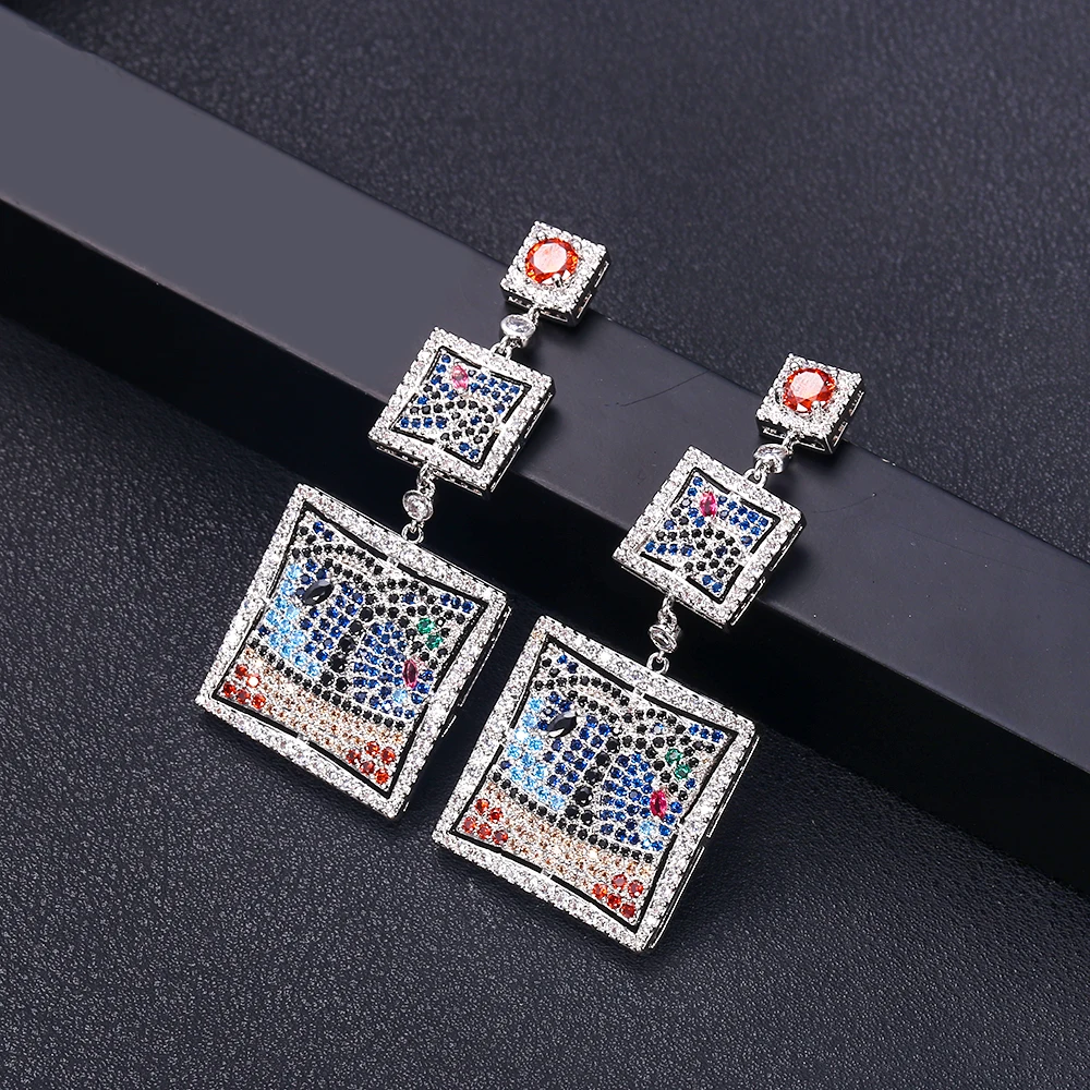 JANKELLY luxury mix color square Shape Earrings Cubic Zirconia Women Wedding Big Earrings Bijoux