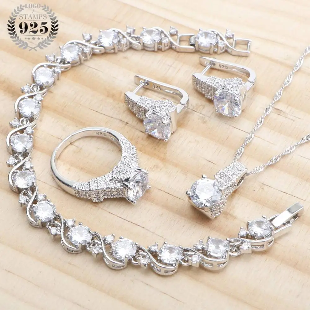 4PCS 925 пробы серебряные Свадебные Ювелирные наборы белый цирконий серьги для женщин Свадебные ювелирные изделия браслет кольца ожерелье набор подарочная коробка - Окраска металла: 4PCS