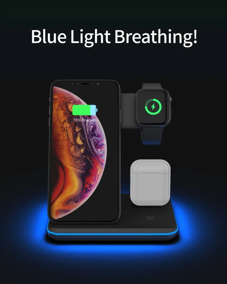 Трендовый продукт Беспроводное зарядное устройство 15 Вт USB-C 3 в 1 быстрая Беспроводная зарядная станция Qi сертифицированная для Android