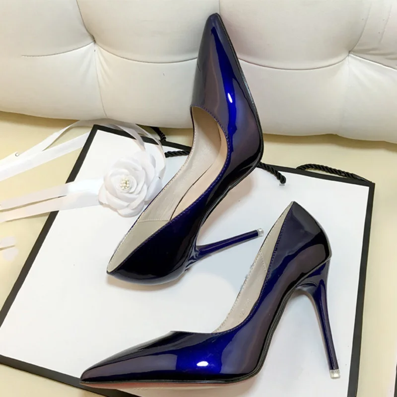 Blue 10cm Женские туфли-лодочки с острым носком, модные тонкие туфли на высоком каблуке без шнуровки, женские туфли из лакированной кожи, женские свадебные вечерние модельные туфли - Цвет: Blue 10cm