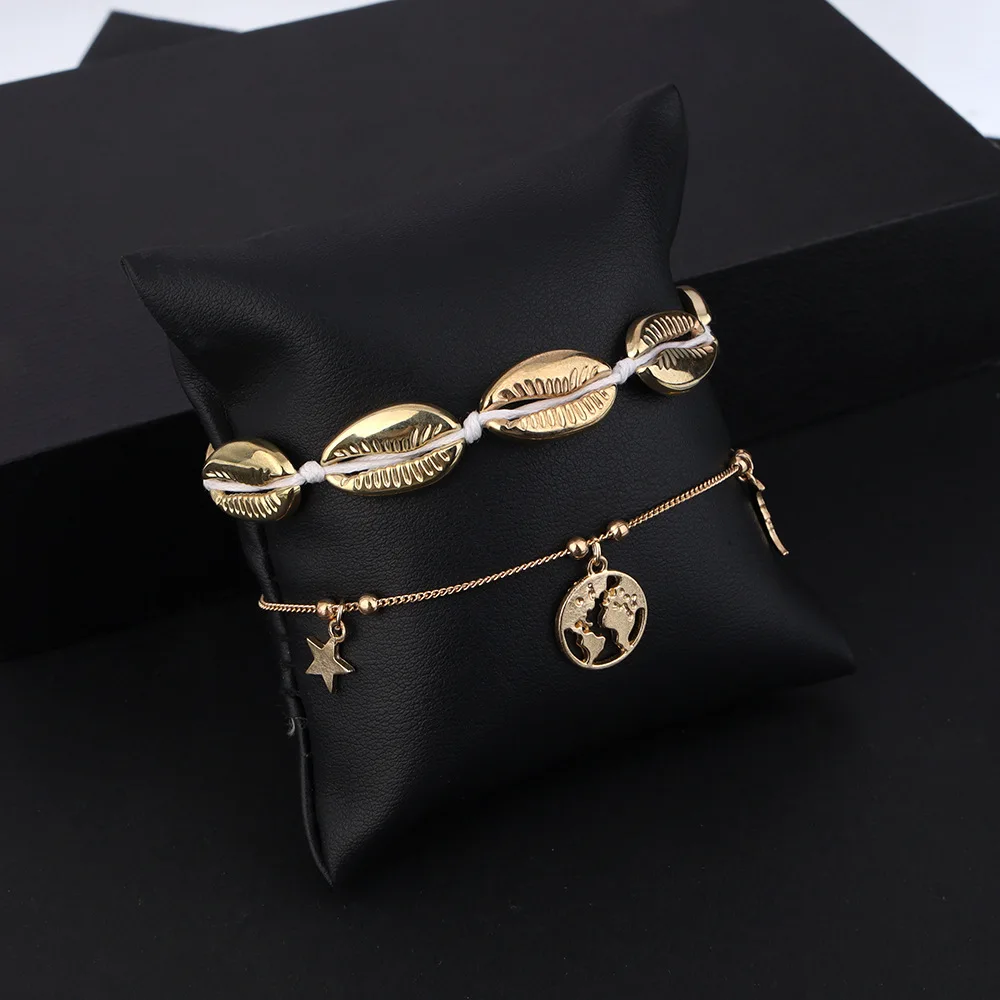 2 шт./компл. Женская мода Звезды Луна карта мира оболочки Кожаный Плетеный ножной
